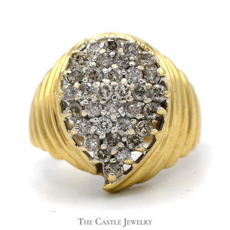 Pear Shaped 1cttw Round Diamond Cluster Ring with Ridged Sides in 10k Yellow Gold