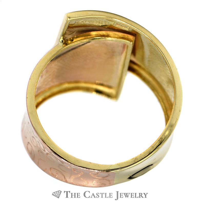 14k Yellow and Rose Two Tone Gold Tapered Bypass Wide Band with Scrolling Detail