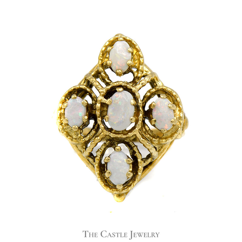Marquise Shaped Opal Cluster Ring in 14k Yellow Gold Open Shield Design Setting