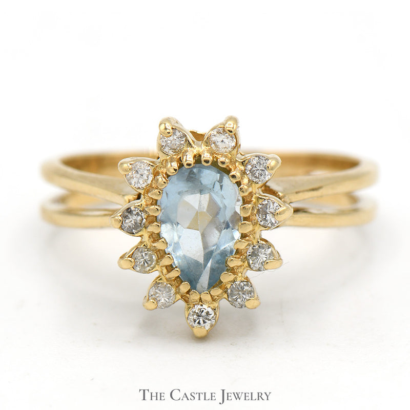 Pear Shaped Aquamarine Ring with Diamond Halo in 10k Yellow Gold Split Shank Setting