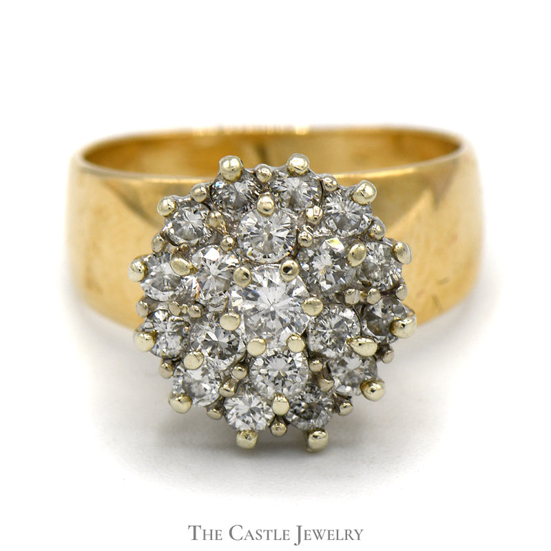 1cttw Diamond Cluster Ring in Wide 14k Yellow Gold Band Setting