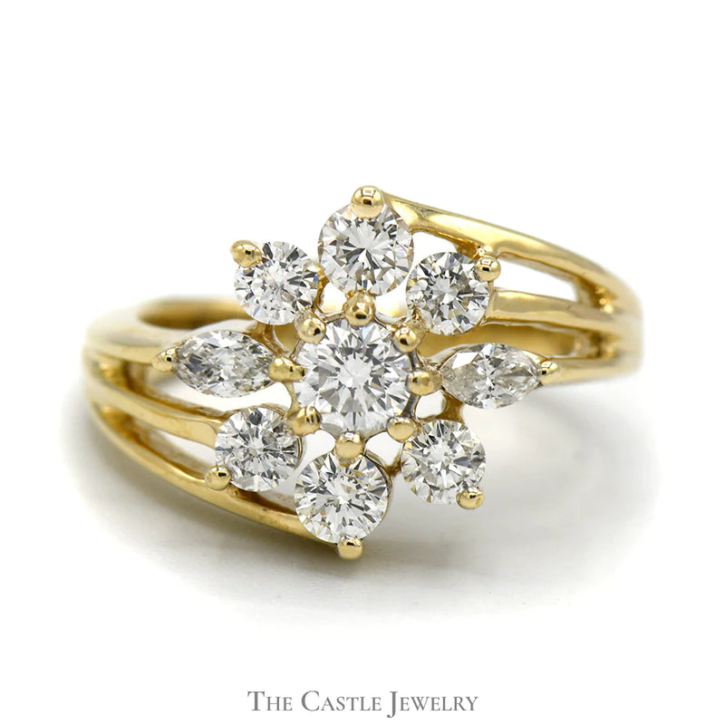 Flower Shaped 1.25cttw Diamond Cluster Ring in 14k Yellow Gold Split Shank Setting