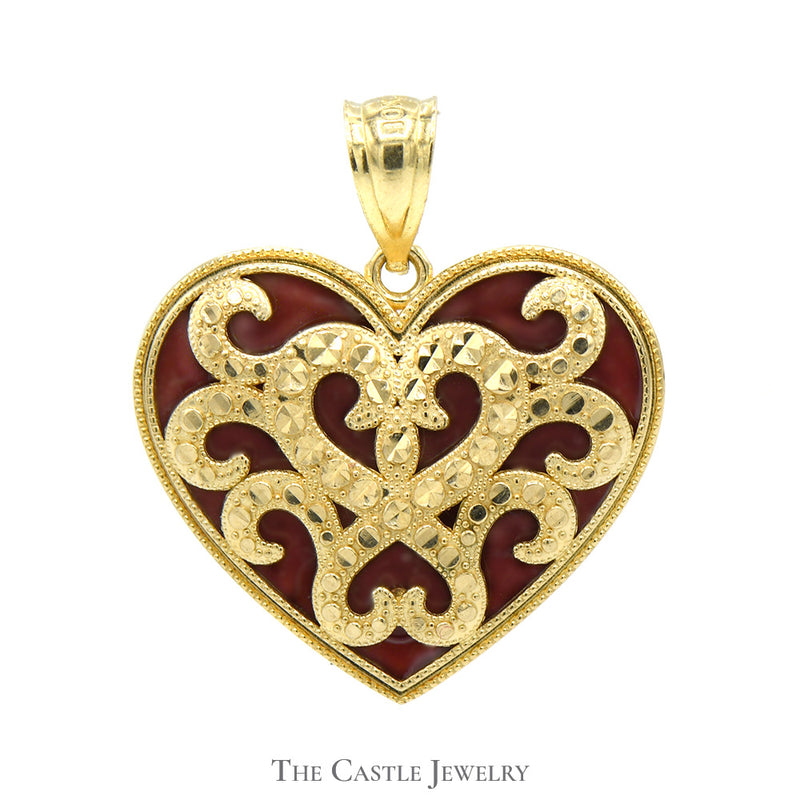 Heart Shaped Scroll Designed Pendant with Red Enamel Accent in 10k Yellow Gold