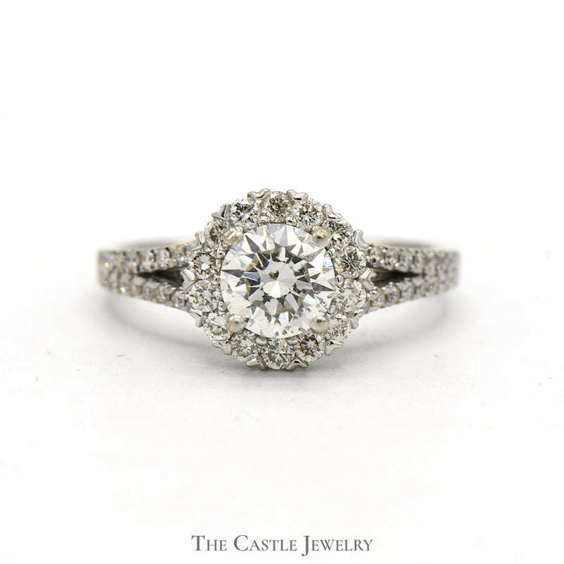 1.5cttw Round Diamond Engagement Ring with Diamond Halo and Accents in 14k White Gold