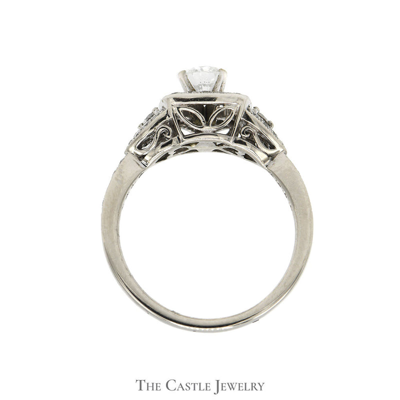 Round Diamond Engagement Ring with Square Shaped Diamond Halo and Accents in 14k White Gold
