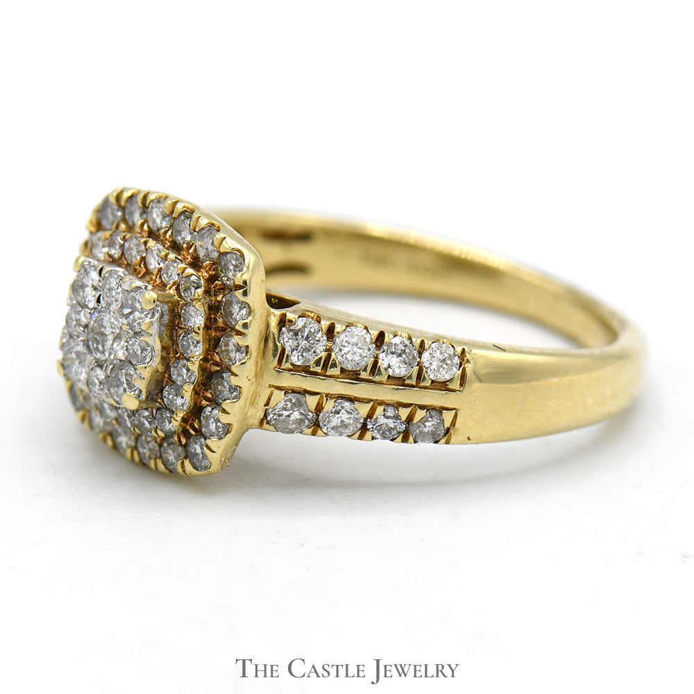Diamond Cluster Engagement Ring with Double Diamond Halo and Accents in 10k Yellow Gold