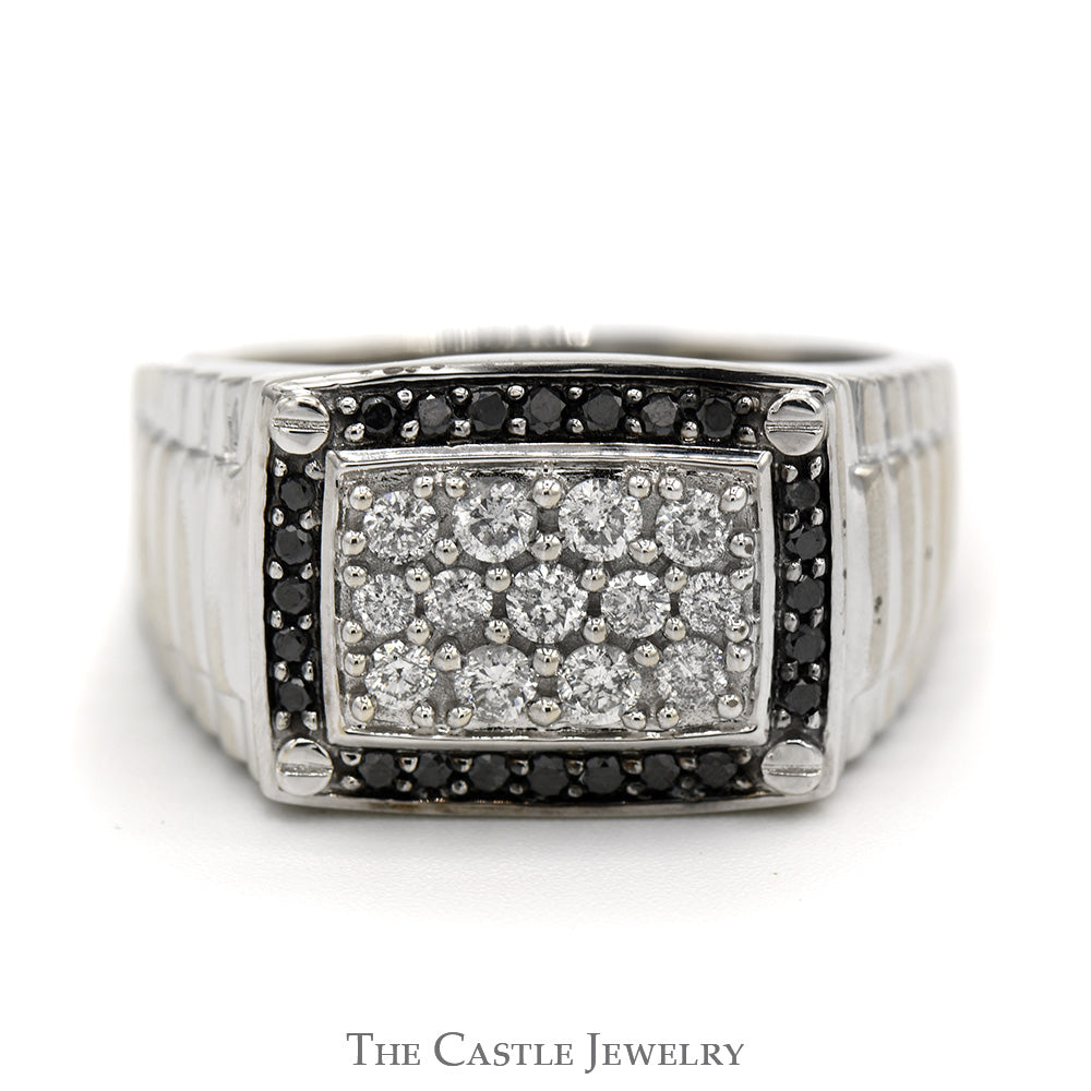 Rectangular Shaped Diamond Cluster Ring with Black Diamond Bezel