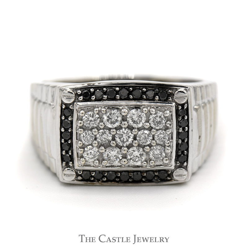 Rectangular Shaped Diamond Cluster Ring with Black Diamond Bezel in 10k White Gold Ribbed Mounting