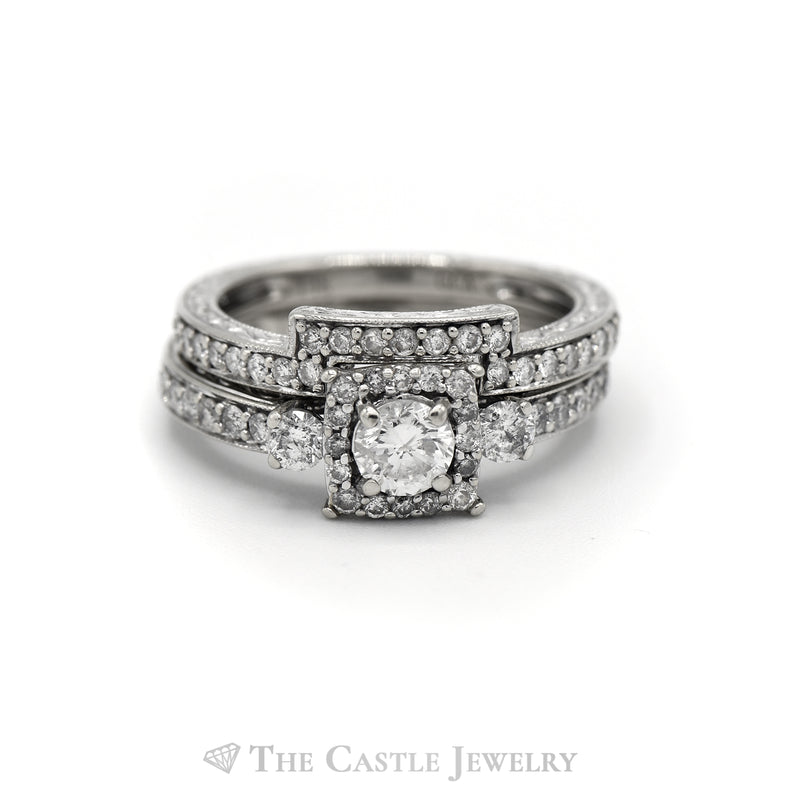 1.25CTTW Round Diamond Square Halo with Fitted Band Bridal Set in 14KT White Gold