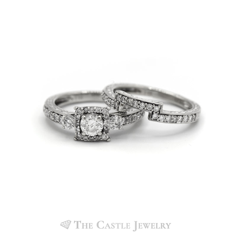 1.25CTTW Round Diamond Square Halo with Fitted Band Bridal Set in 14KT White Gold