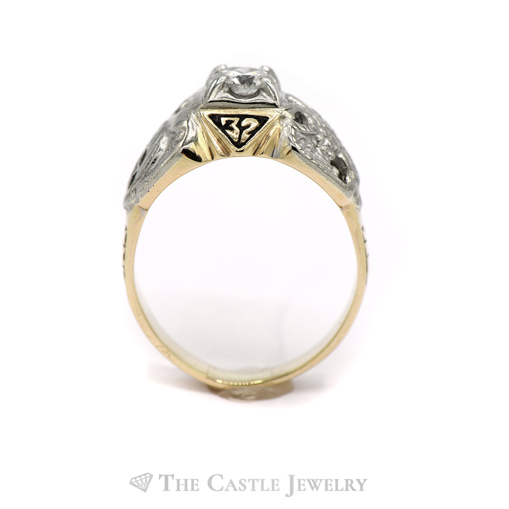 Two-Toned 1CT Round Diamond Masonic Ring in 10KT White and Yellow Gold