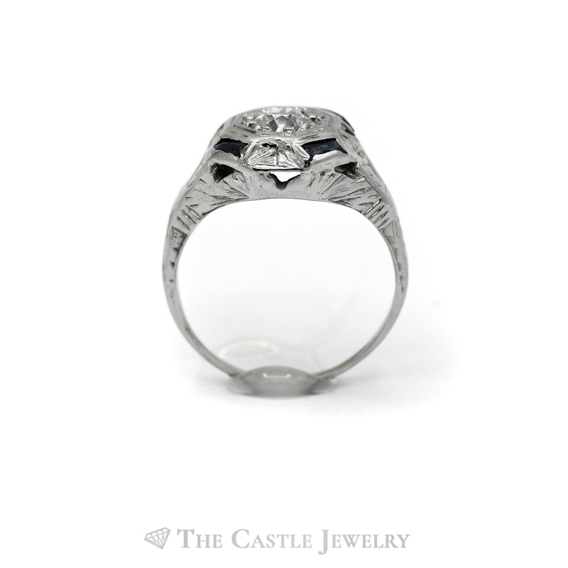 Old European Cut Diamond Solitaire Ring with Sapphire Accents in 10KT White Gold