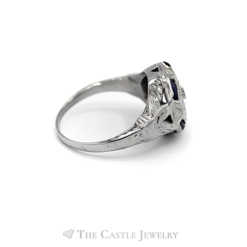 Old European Cut Diamond Solitaire Ring with Sapphire Accents in 10KT White Gold
