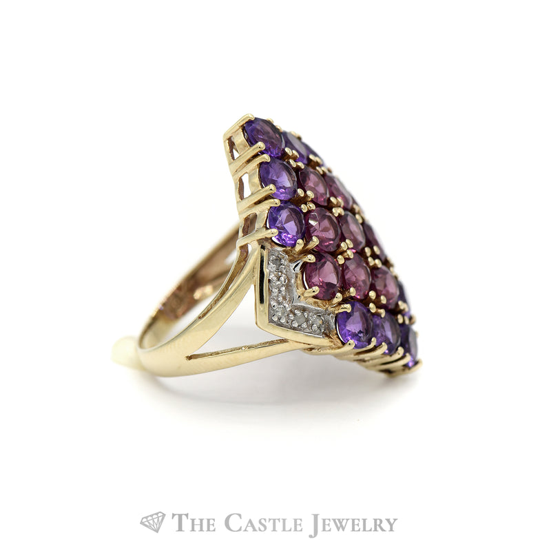 Rhodolite Garnet and Amethyst Cluster Ring with Diamond Accents in 10k Yellow Gold