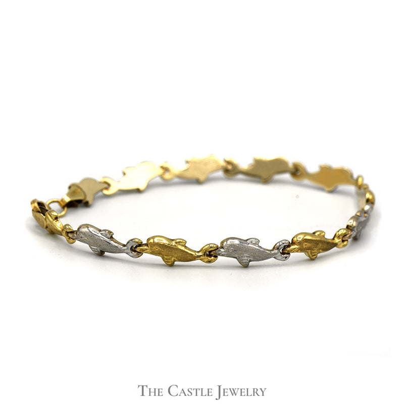 Two Tone 7 Inch Dolphin Link Bracelet in 10k Yellow and White Gold