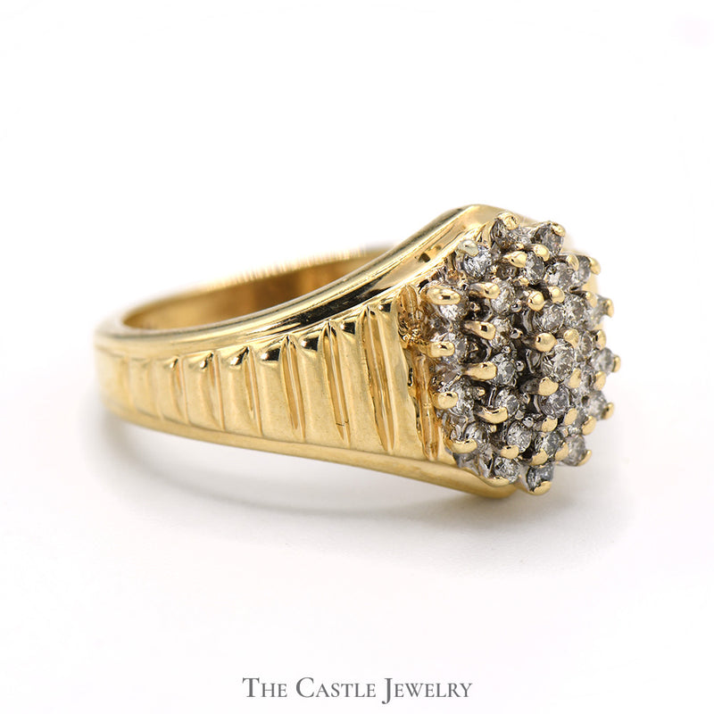 Oval Shaped 1/2cttw Diamond Cluster Ring in 10k Yellow Gold Ridged Tapered Setting