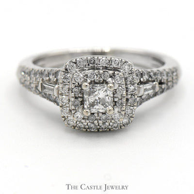 3/4cttw Princess Cut Diamond Engagement Ring with Double Diamond Halo and Accents in 14k White Gold