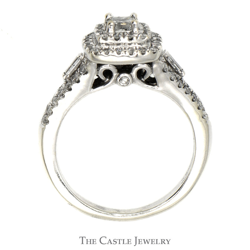 3/4cttw Princess Cut Diamond Engagement Ring with Double Diamond Halo and Accents in 14k White Gold