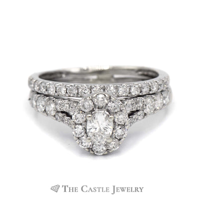 1cttw Oval Cut Diamond Bridal Set with Halo and Accented Matching Band in 14k White Gold