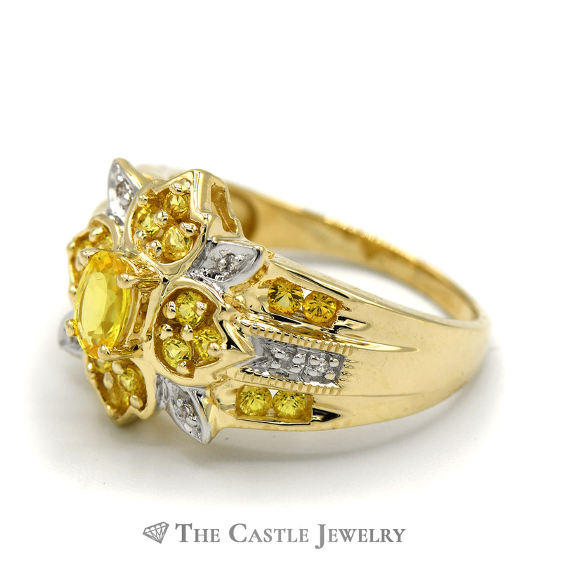 Oval Citrine Ring with Round Diamond and Citrine Accents in 14k Yellow Gold Flower Design