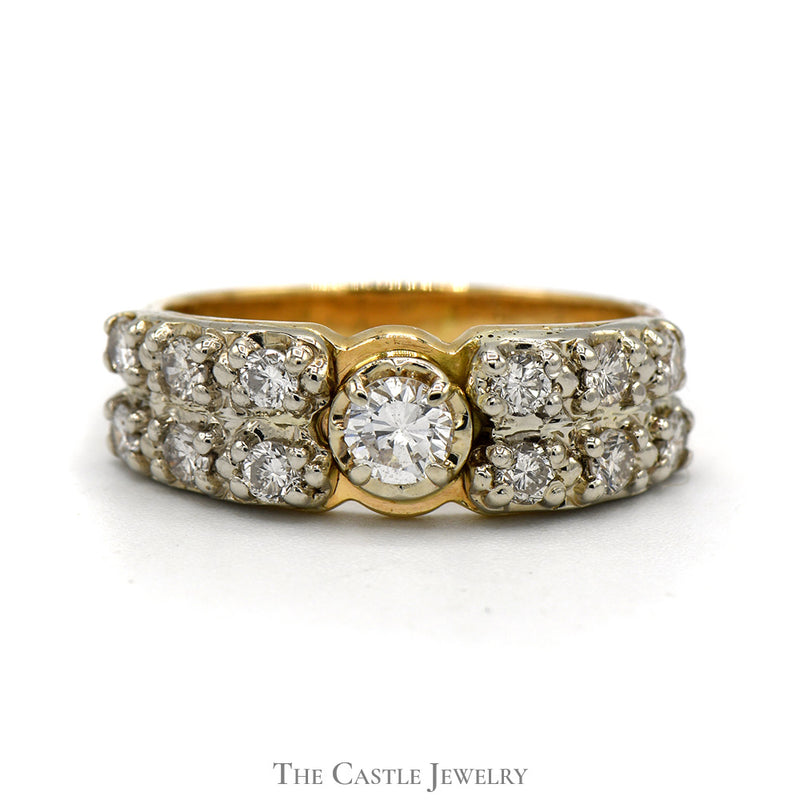 1cttw Round Diamond Solitaire with Double Row of Diamond Accents in 14k Yellow Gold
