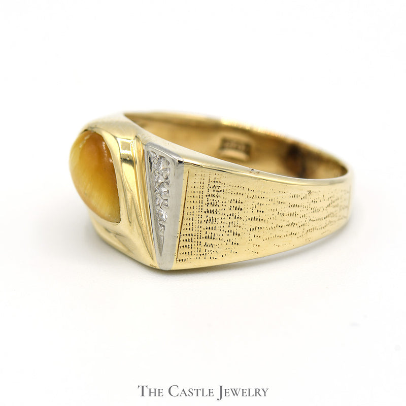 Pear Shaped Cabochon Yellow Cats Eye Ring with Diamond Accents in 10k Yellow Gold