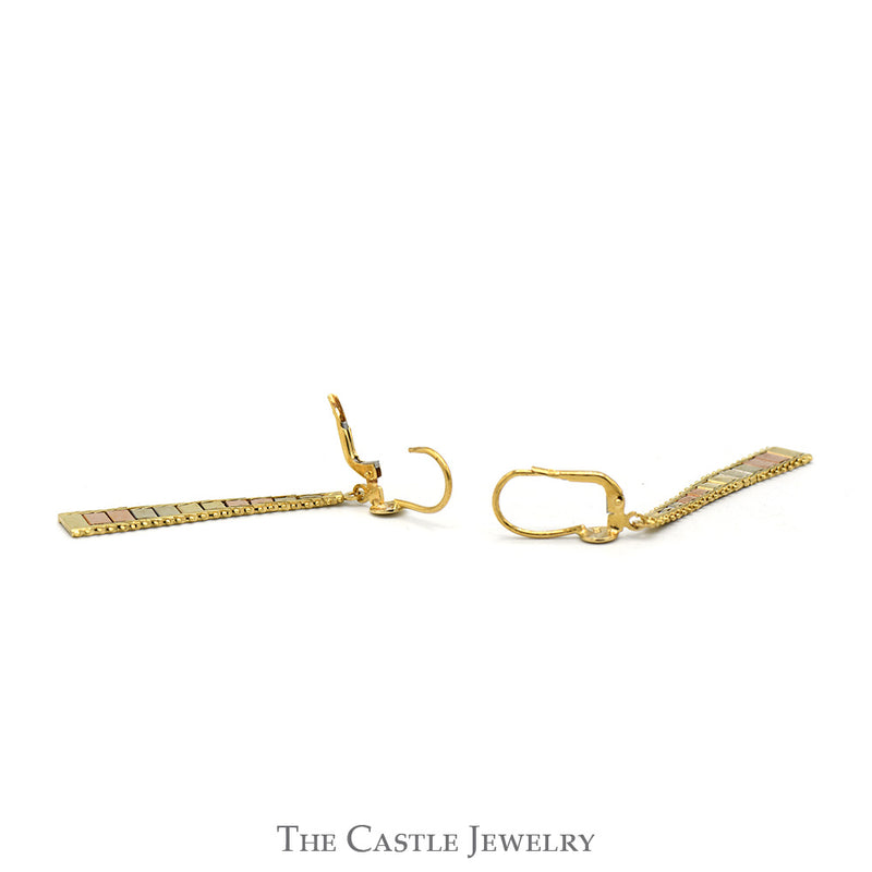 14k Tri-Gold Flat Beaded Dangle Earrings with Leverback Posts