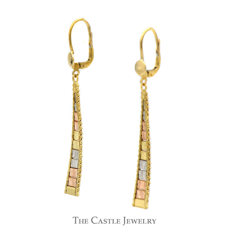14k Tri-Gold Flat Beaded Dangle Earrings with Leverback Posts