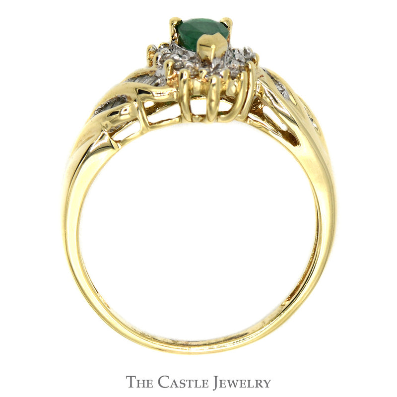 Pear Cut Emerald Ring with Diamond Halo and Baguette Accents in 10k Yellow Gold