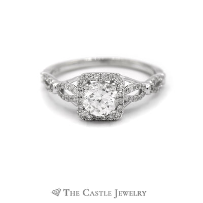1.25CTTW Round Diamond Halo Engagement Ring with Twisted Sides in 14K White Gold