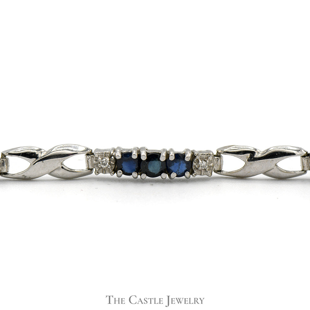 7 Inch Triple Sapphire and Diamond Link Bracelet in 10k White Gold