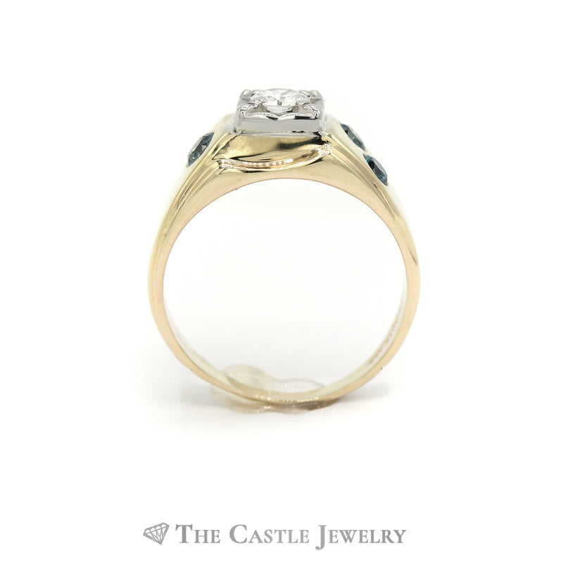 Old European Cut Diamond Solitaire with Round Blue Diamond Accent in 14KT Yellow Gold