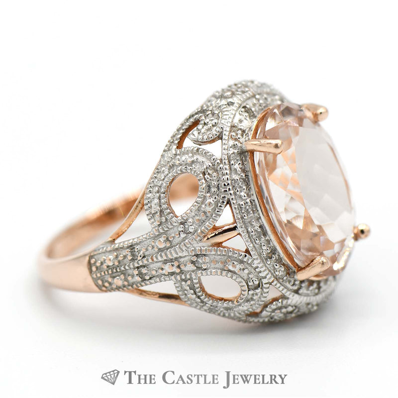 Large Oval Morganite Ring with Diamond Halo & Accents in 10k Rose Gold Floral Designed Mounting