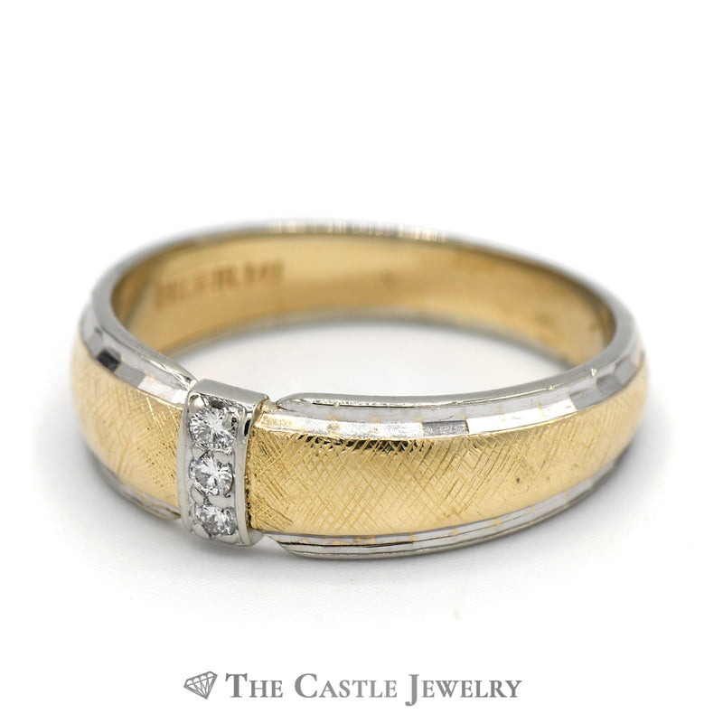 Men's Two Tone 3 Diamond Band with Brushed Finish in 14k White and Yellow Gold