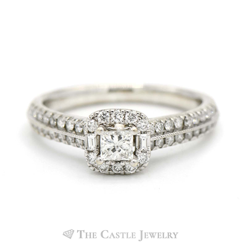 Adrianna Papell Designer Princess Cut Engagement Ring with Diamond Halo & Accents in 14k White Gold