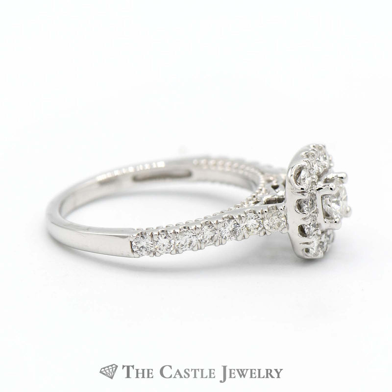 Round Diamond Engagement Ring with Diamond Halo & Accents in 14k White Gold Cathedral Mounting