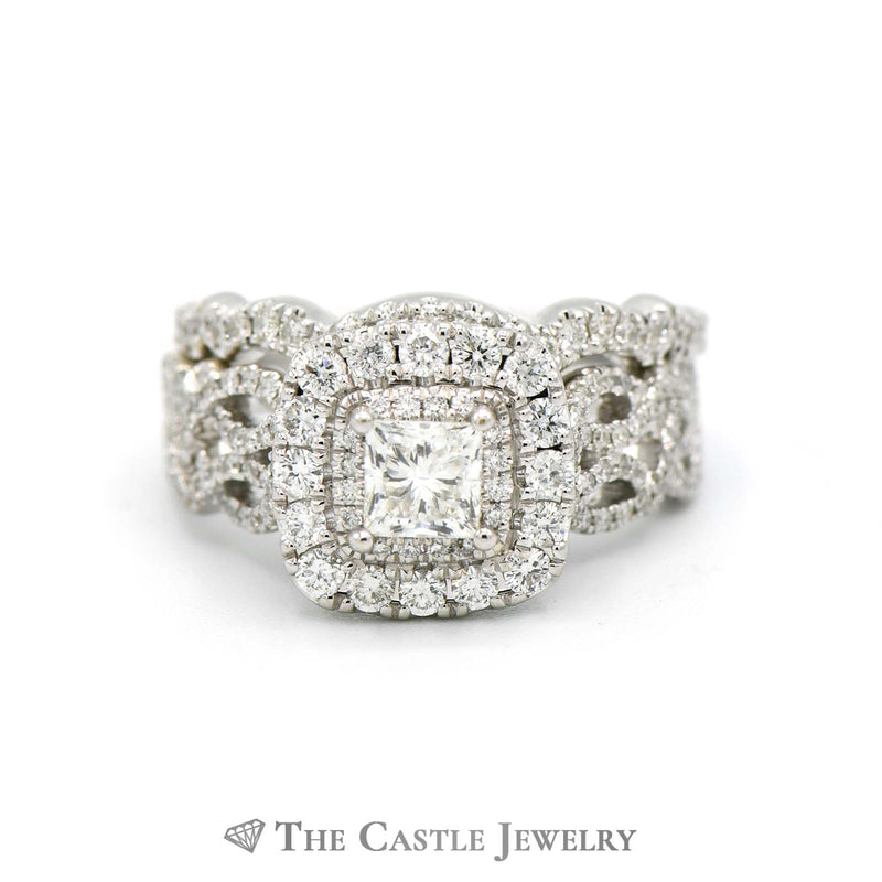 Neil Lane 1.82cttw Princess Cut Bridal Set with Double Halo and Matching Band in 14k White Gold