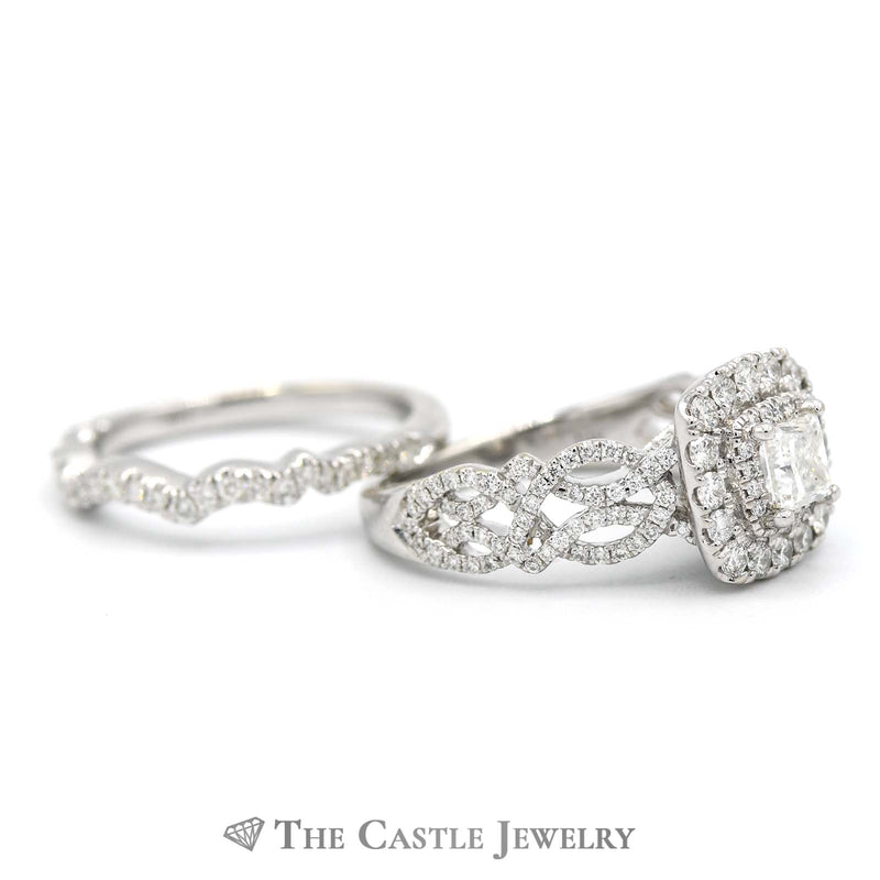 Neil Lane 1.82cttw Princess Cut Bridal Set with Double Halo and Matching Band in 14k White Gold