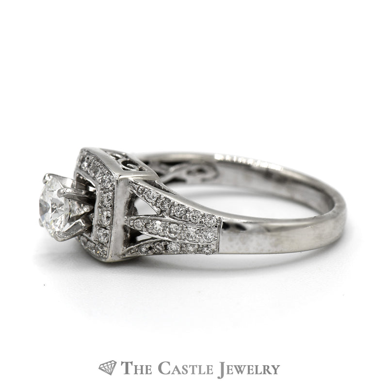 1cttw Round Diamond Engagement Ring with Square Shaped Halo And Diamond Accented Split Shank Sides in 14k White Gold