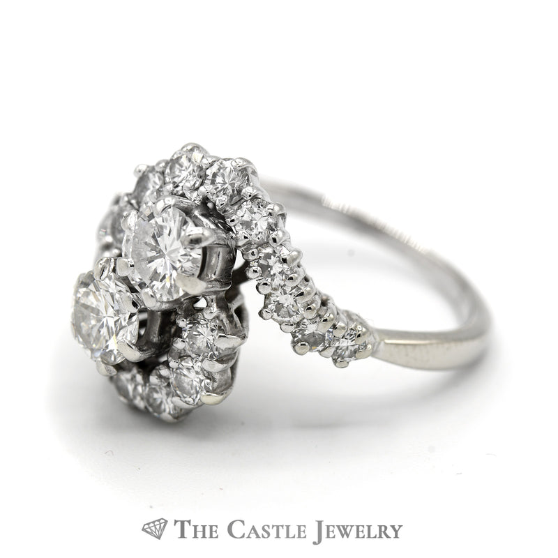 2cttw Bypass Style Double Diamond Cocktail Ring with Swirling Diamond Halos in 14k White Gold