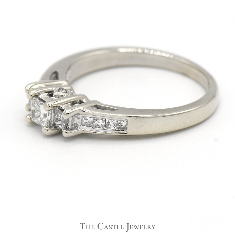 3 Stone Princess Cut Diamond Engagement Ring with Channel Set Diamond Accents in 14k White Gold