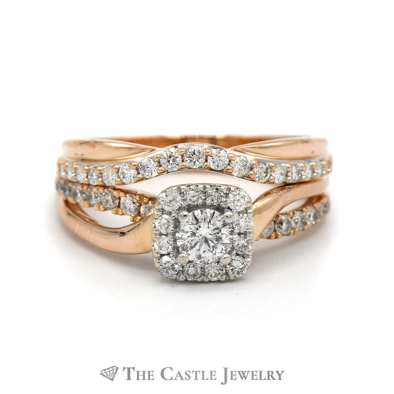 1cttw Round Diamond Bridal Set with Halo and Matching Accented Band in 14k Rose Gold