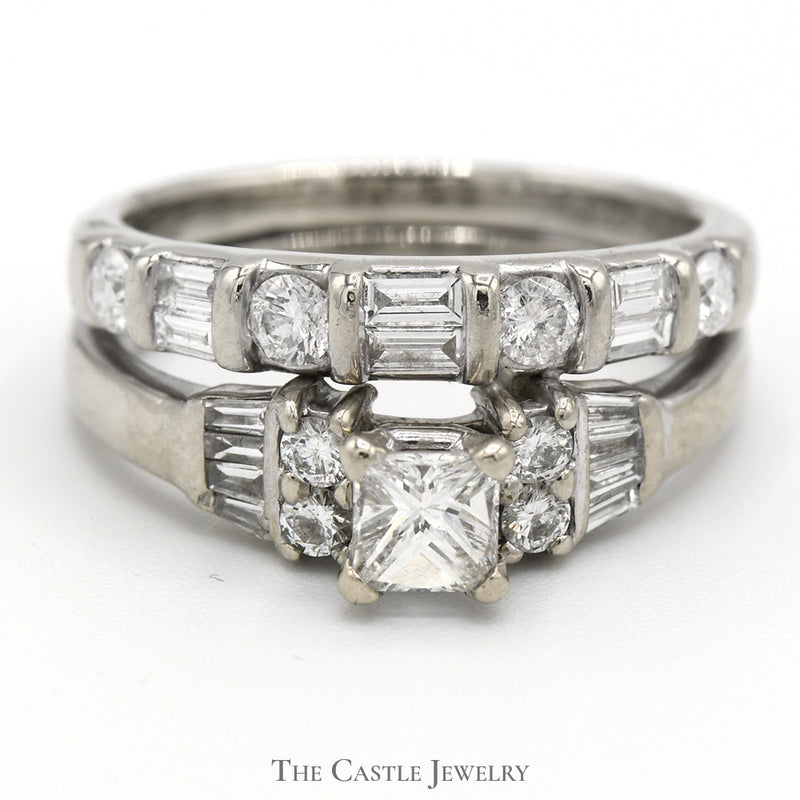 Princess Cut Diamond Bridal Set with Round and Baguette Diamond Accents and Matching Band in 14k White Gold