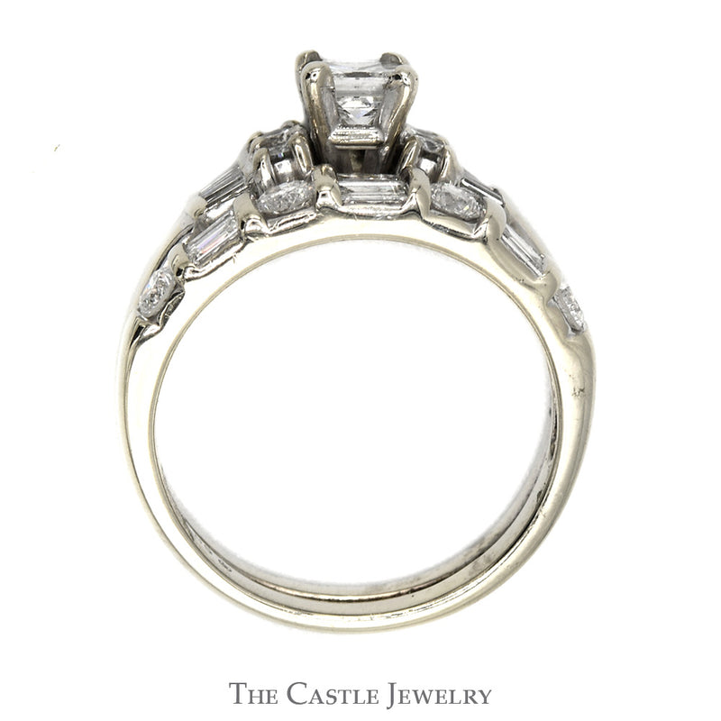 Princess Cut Diamond Bridal Set with Round and Baguette Diamond Accents and Matching Band in 14k White Gold