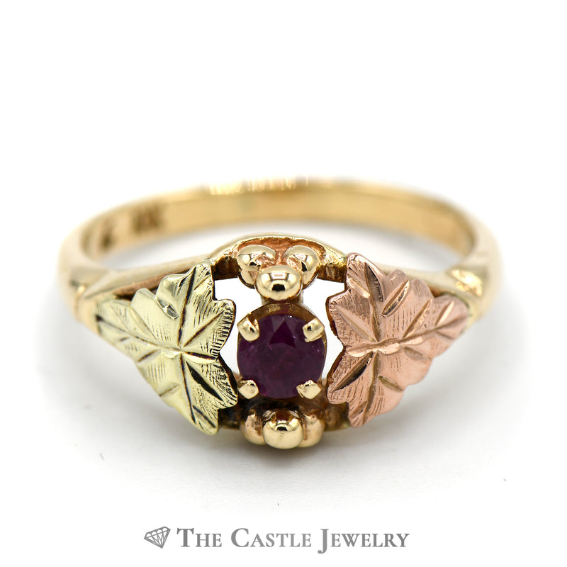 Leaf Designed Round Ruby Ring in 10k Tri-tone Gold