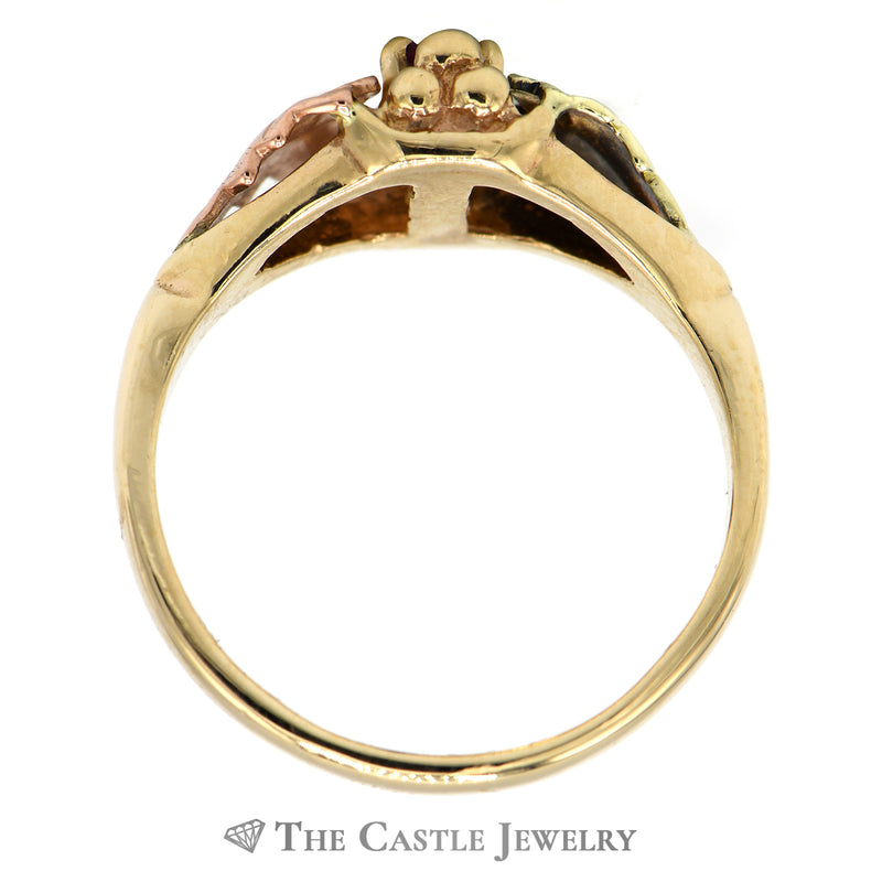 Leaf Designed Round Ruby Ring in 10k Tri-tone Gold