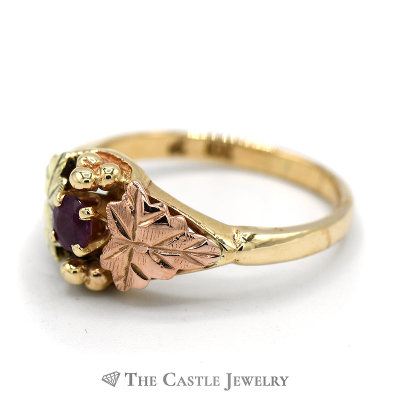 Leaf Designed Round Ruby Ring in 10k Tri-tone Gold
