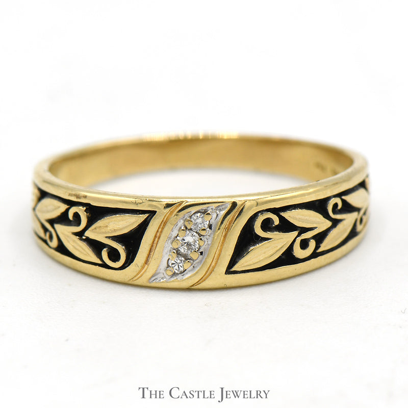Triple Diamond Band with Leaf and Black Enamel Design in 14k Yellow Gold