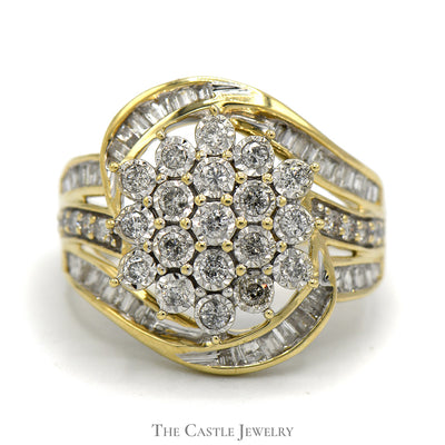 Flower Shaped 1cttw Diamond Cluster Ring with Channel Set Baguette Accents in 10k Yellow Gold