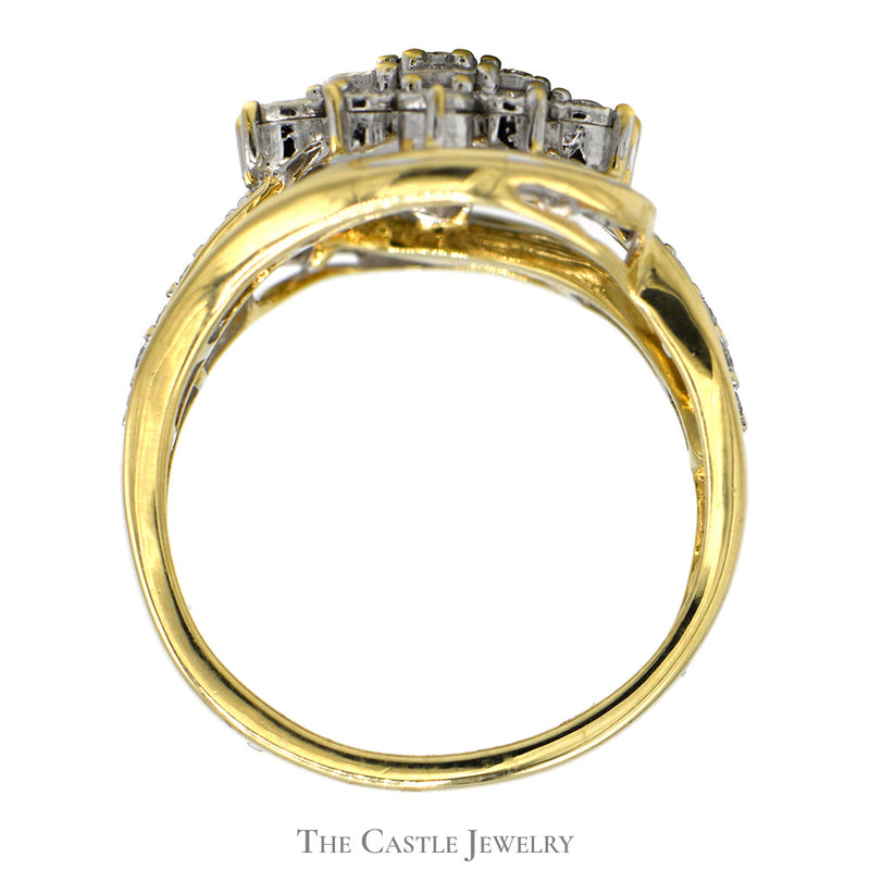 Flower Shaped 1cttw Diamond Cluster Ring with Channel Set Baguette Accents in 10k Yellow Gold